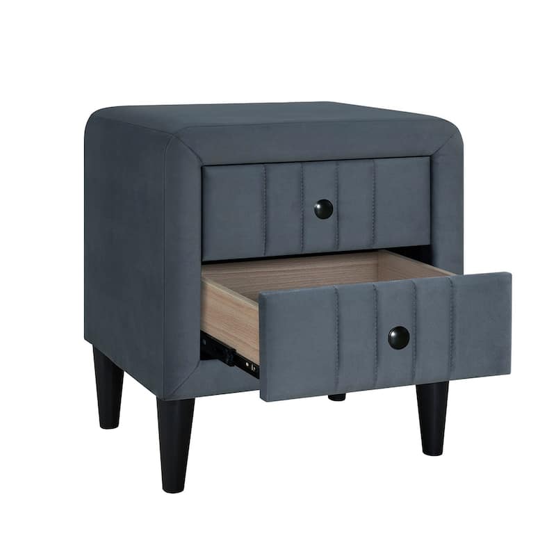 2 Drawers Brushed Linen Fabric Nightstand with Tapered Shape Legs