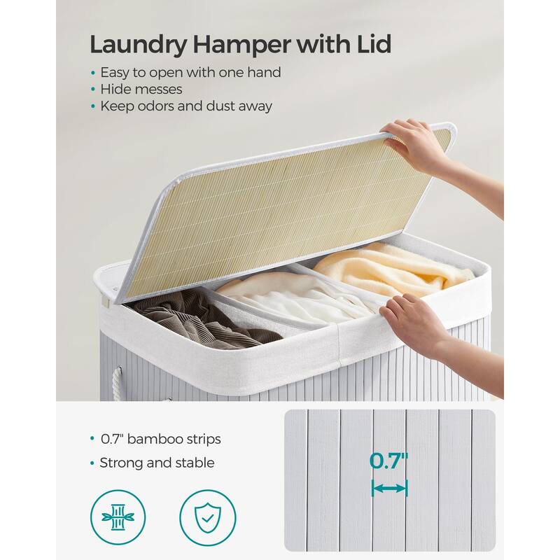 Laundry Hamper, 39.6 Gallons (150L),3-Section Laundry Basket, Laundry Hamper with Lid, Bamboo,Removable & Machine Washable Liner