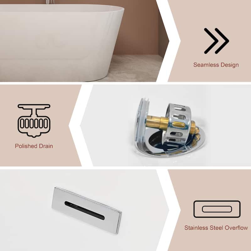 CB HOME 54"/59"/67" Acrylic Freestanding Bathtub, Deep Soaking Spa Bathtubs with Solid Surface