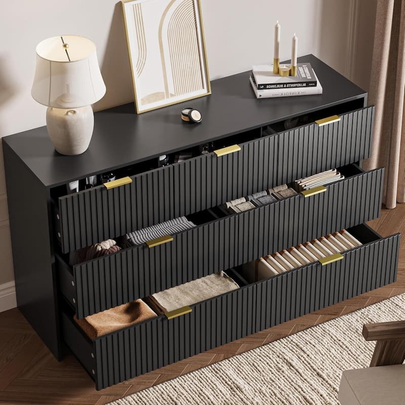 7 Drawer Dresser Fluted Wood Clothes Storage Cabinet, Modern Wide Dresser for Bedroom