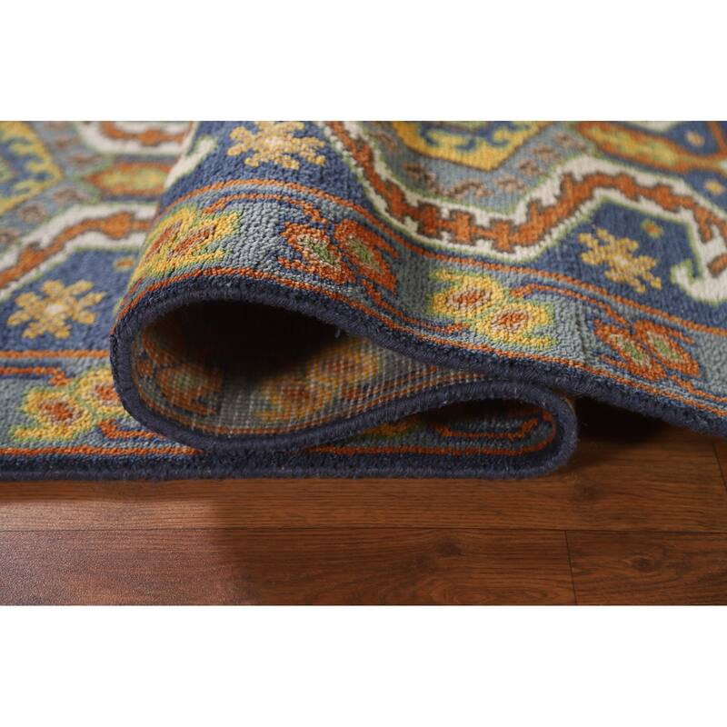 Blue Geometric Kazak Indian Runner Rug Handmade Wool Carpet - 2'7"x 9'9"