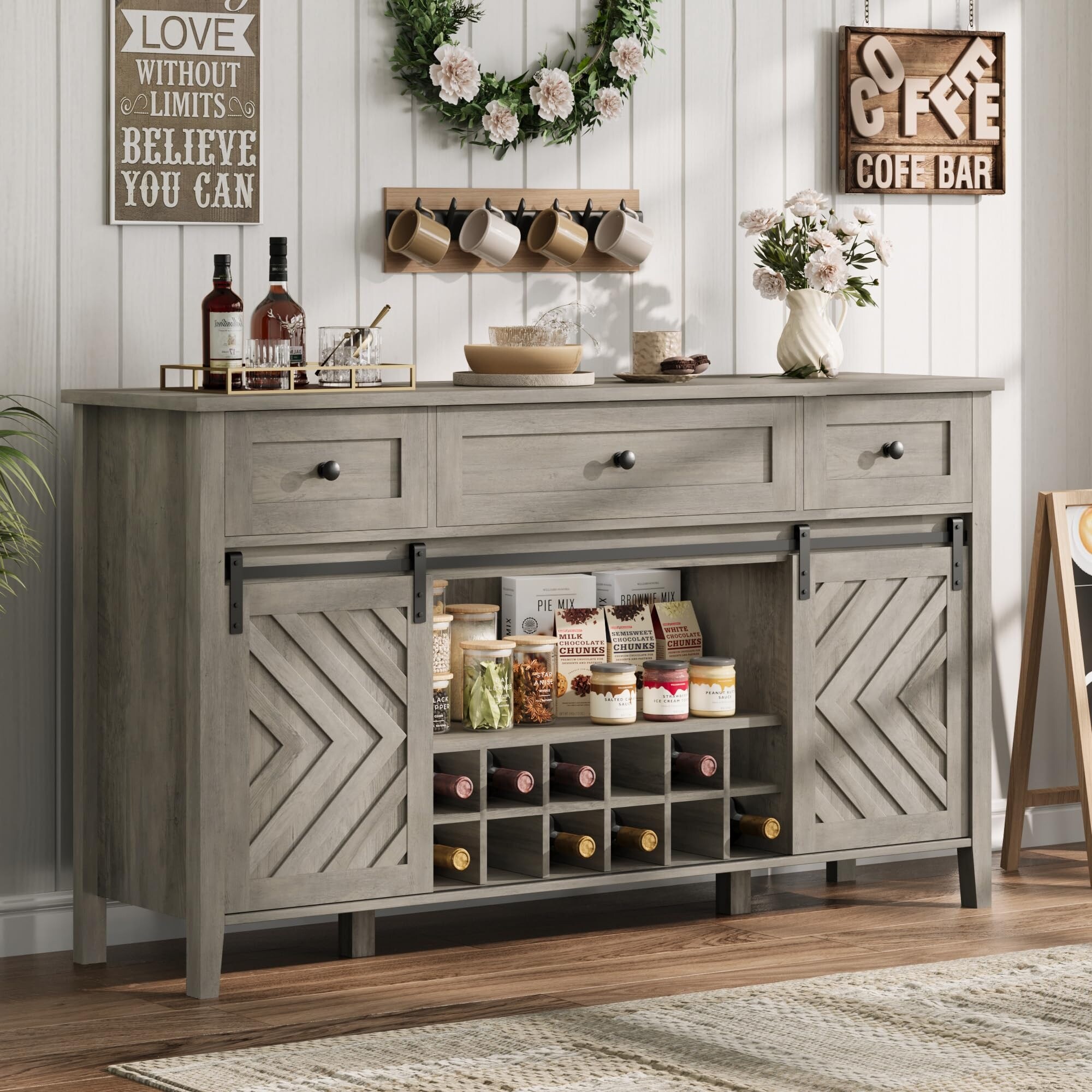 Farmhouse Wine Bar Cabinet with Sliding Barn Door, Buffet Cabinet with 3 Drawer, Adjustable Shelf and Wine Rack