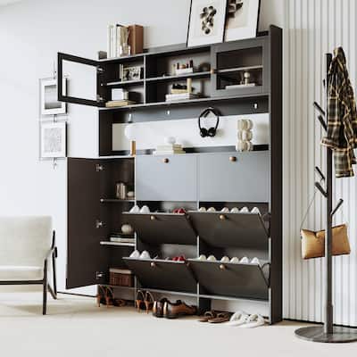 62.1in.W Shoe Cabinet with 6 Flip Drawers with 4 Hooks for Hallway - 62.1" Wide