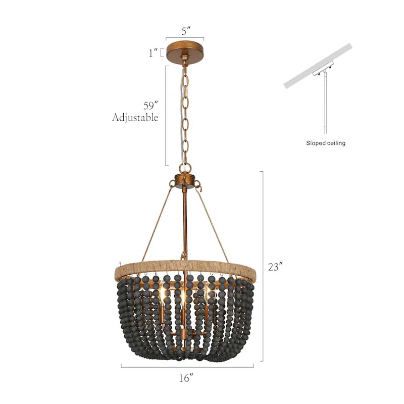 Farmhouse Coastal Wood Beaded Drum Chandelier 3-light Black Dining Room Bedroom Lighting with Hemp Rope - D16'' * H23''