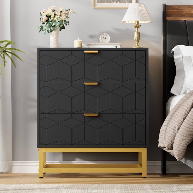 3 Drawer Dresser with Metal Legs, Wood Storage Chest for Bedroom, Living Room, Hallway, Wide Organizer - Black