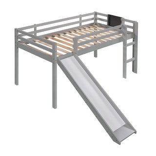 Twin Size Loft Bed Wood Bed with Convertible Ladder and Slide, Solid Wood Twin Kids Bed Frame with Chalkboard for Boys or Girls