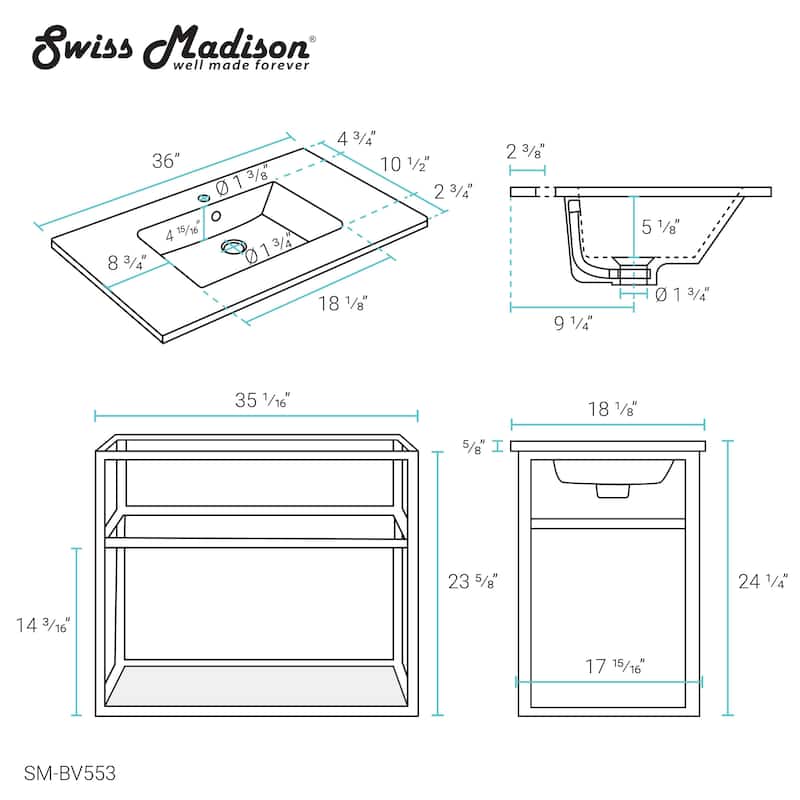 Swiss Madison Pierre 36-inch Open-shelf Metal Bathroom Vanity