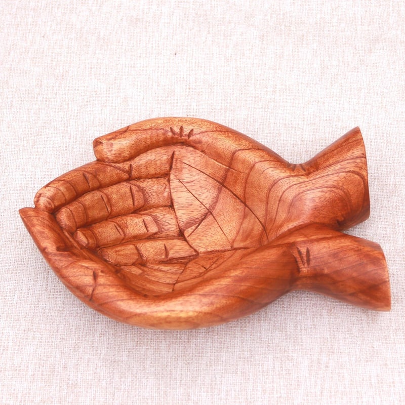 Handmade Giving Alms Wood catchall (Indonesia) - 3.3" H x 11.75" W x 7.75" D