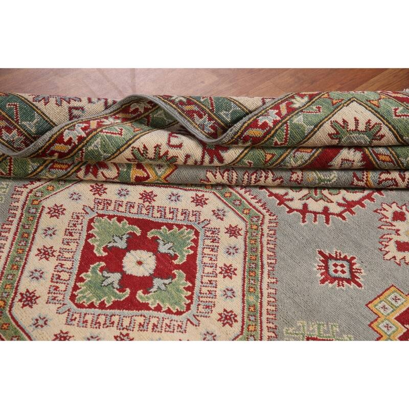 Gray Geometric Kazak Area Rug Handmade Wool Carpet - 6'6" x 9'9"