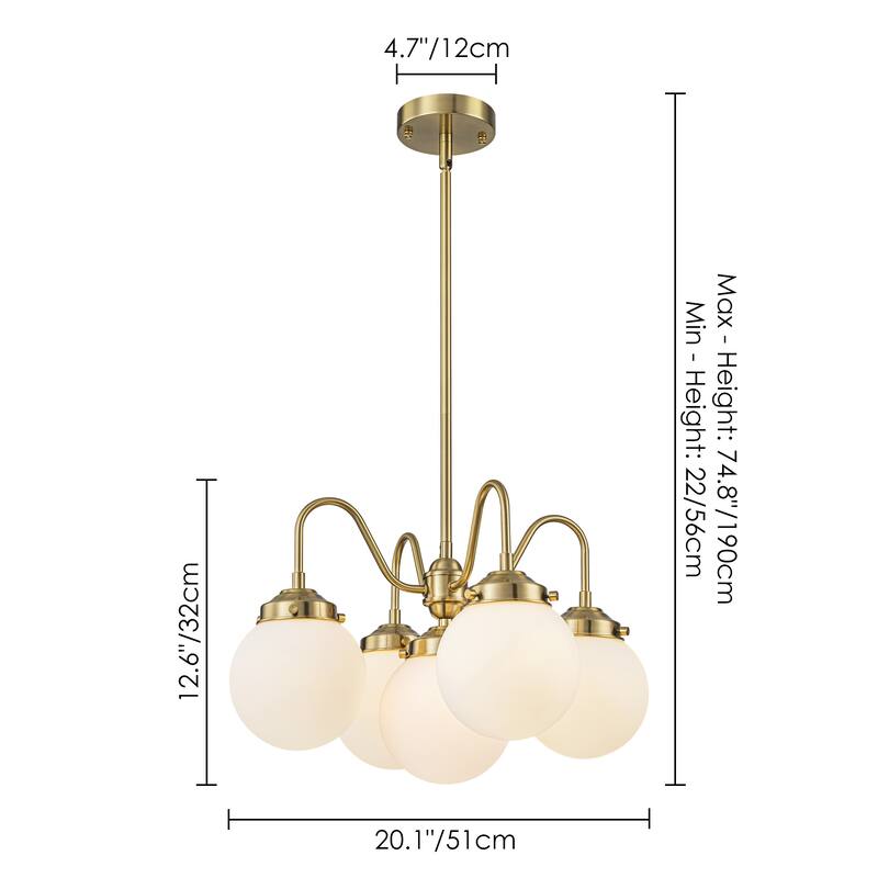 5-Light Mid-Century Modern Brass-Tone & Frosted Glass Chandelier for Living Room - 5 Light