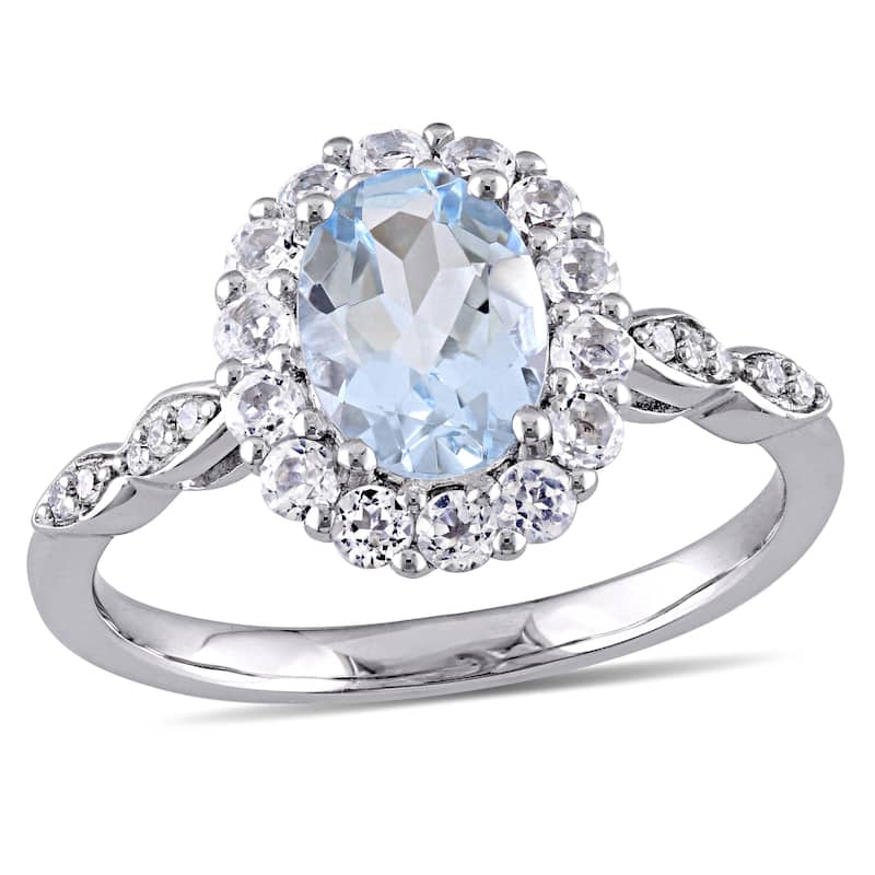 Miadora 14k White Gold Oval-cut Aquamarine White Topaz and Diamond Accent Halo Engagement Ring