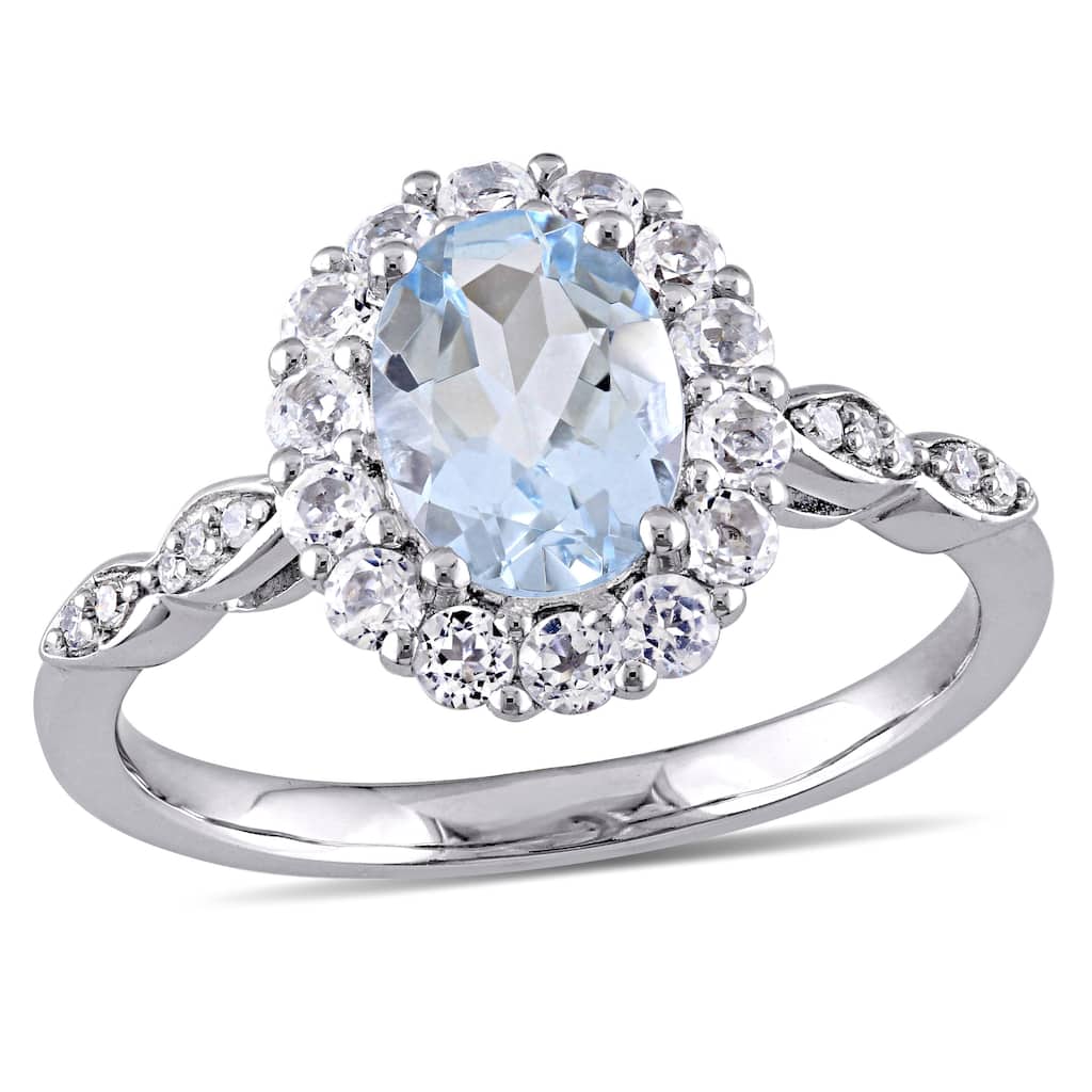 Miadora 14k White Gold Oval-cut Aquamarine White Topaz and Diamond Accent Halo Engagement Ring