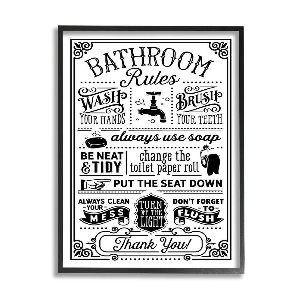 Stupell Vintage Style Bathroom Rules Diagram List Border Framed Wall Art, Design by Lettered and Lined - Black