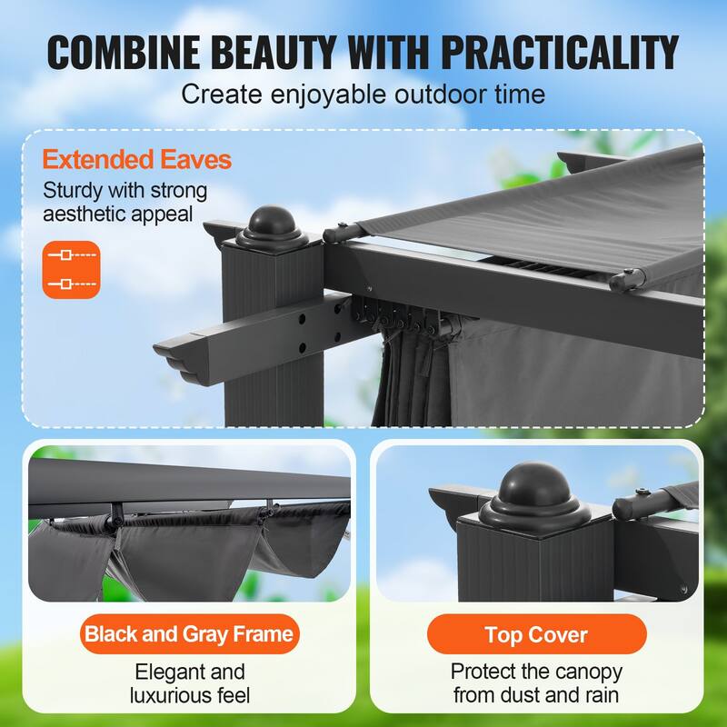10 x 10 Feet Outdoor Retractable Pergola with Sunshade Canopy and Heavy-Duty Aluminum Frame