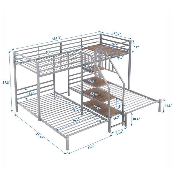 dimension image slide 1 of 2, Twin over Twin & Twin Triple Bunk Bed with Shelves Staircase, Silver
