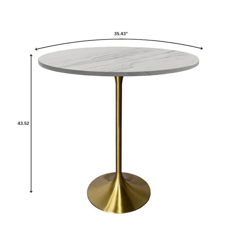 LeisureMod Verve Round Bar Dining Table with White Resin TableTop and Gold Steel Base for Kitchen & Dining Room