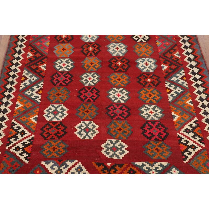 Red Kilim Qashqai Persian Vintage Rug Flatweave Oriental Wool Carpet - 5'2"x 7'6"