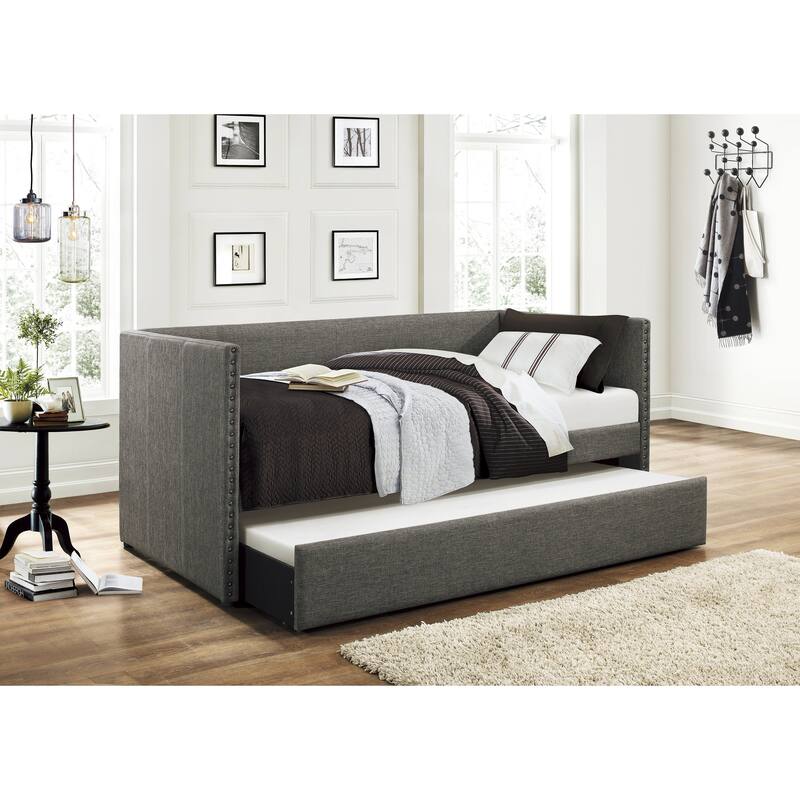 Fabric Upholstered Day Bed with Pull-out Trundle Nailhead Trim Wood Frame Furniture