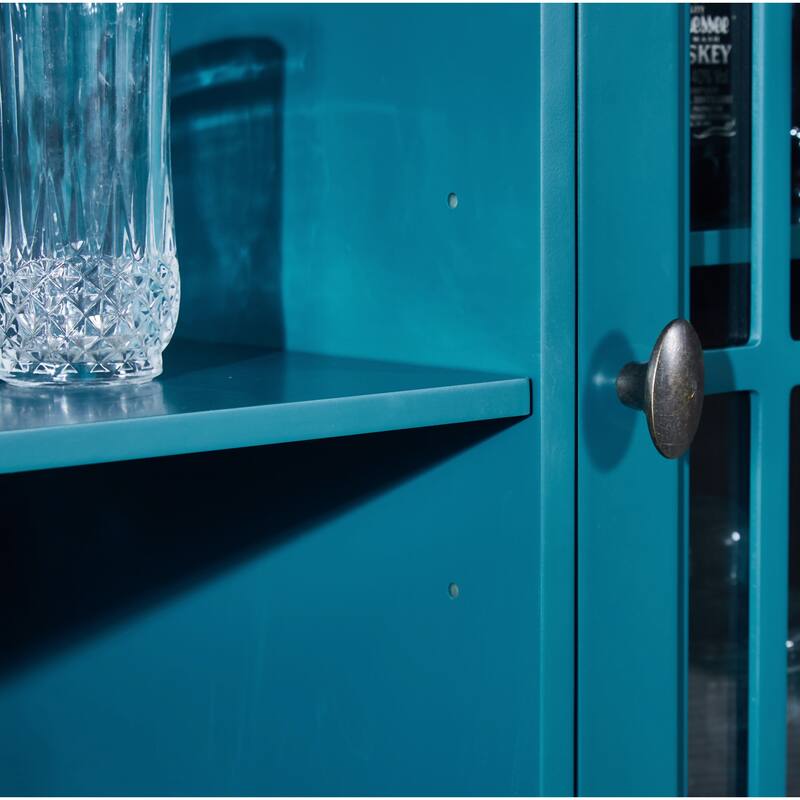 Modern Sideboard Storage Cabinet with Adjustable Shelves, Tempered Glass and Exquisite Hardware Accessories, Teal Blue