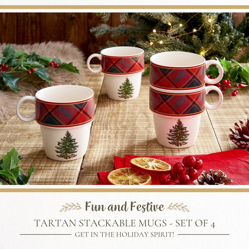 Spode Set of 4 Christmas Tree Tartan Stackable Mugs
