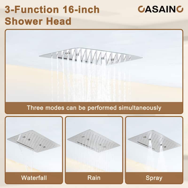Luxury Thermostatic Shower System 3-Spray Patterns Ceiling Mount Fixed Rain Waterfall Shower Head and Handheld Spray Combo