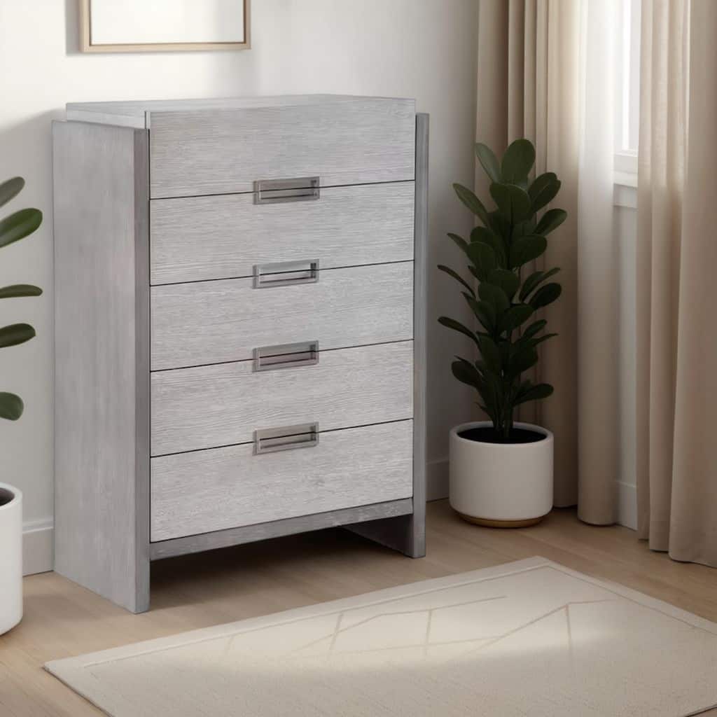 Rizvi Tall Dresser Chest with 5 Drawers, Bronze, Stone Gray Solid Wood