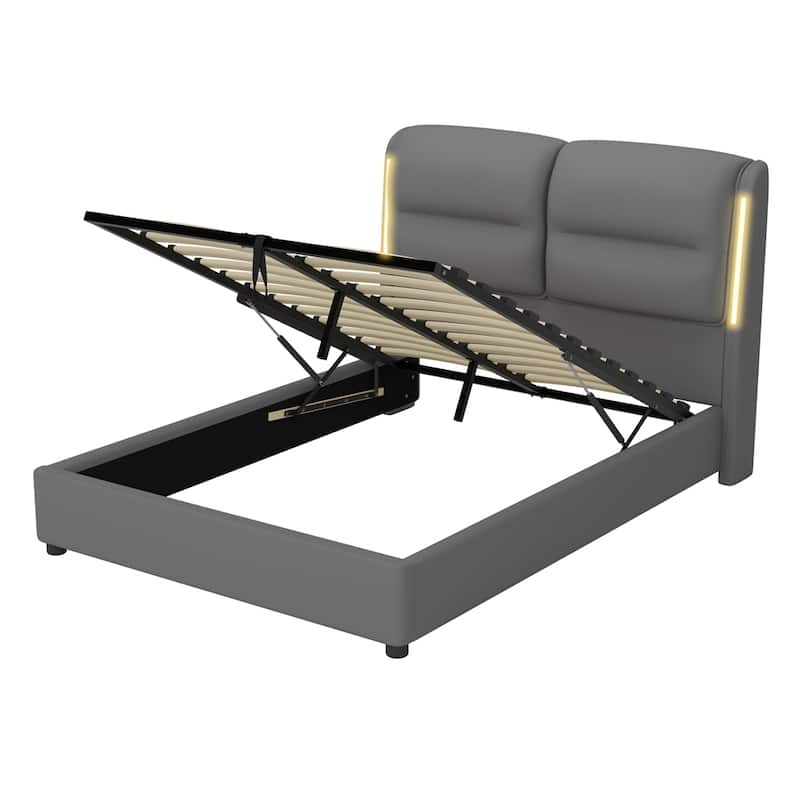 Upholstered Hydraulic Queen Size Platform Bed with Lift Up Storage and Sensor LED Lights