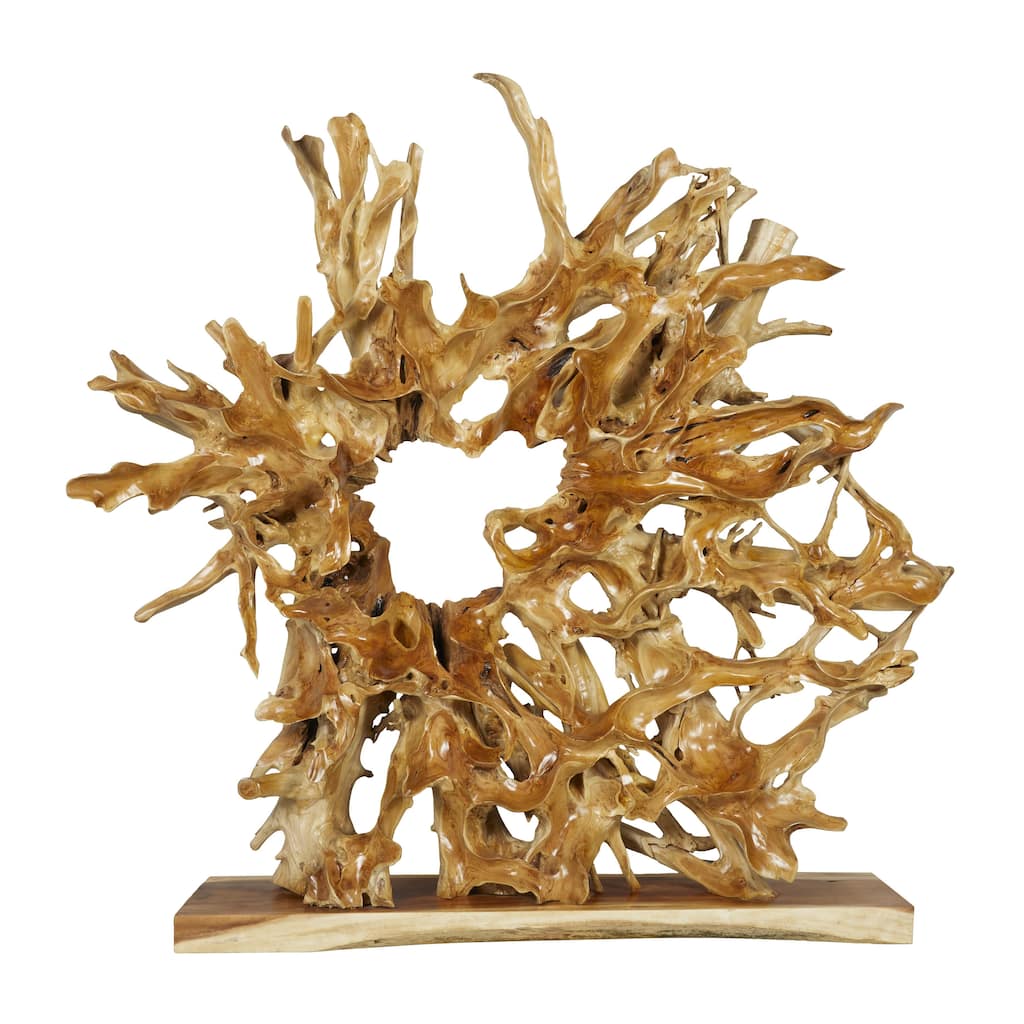 Teak Wood Abstract Handmade Large Oversized Tree Root Floor Decorative Sculpture - Brown or Light Brown - Roche River Decor
