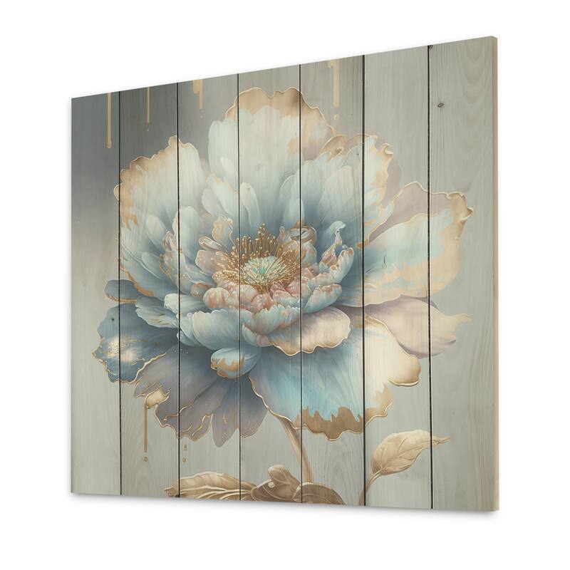 Designart 'Chic Blue Blooming Flower IV' Floral Wood Wall Art - Natural Pine Wood