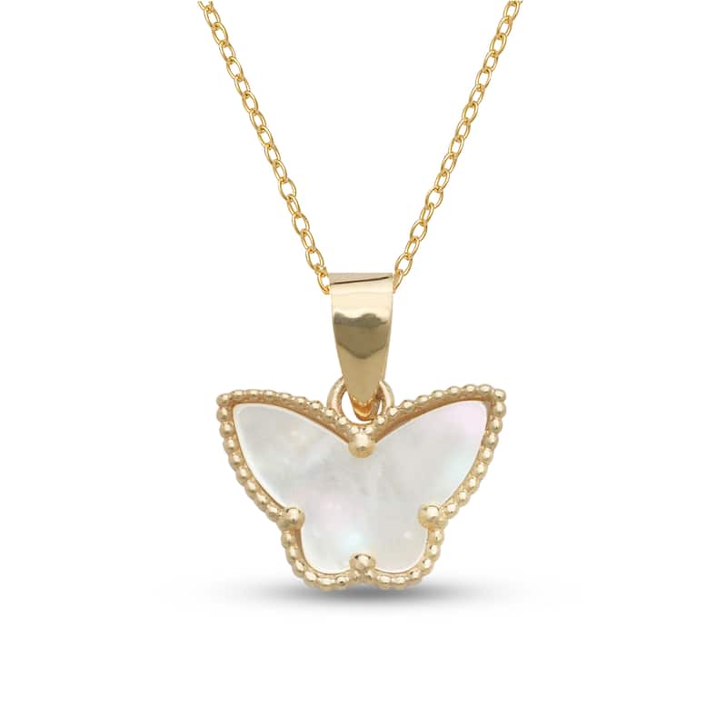 Curata 14k Yellow Gold 18" Black Onyx, White Pearl or Green Jade Butterfly Clover Pendant Necklace (15mm x 18mm) - White Mother of Pearl