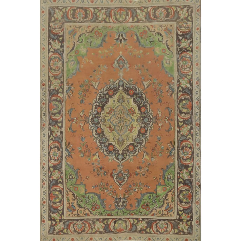 Hand Knotted Oriental 100% Wool Carpet Traditional Floral Oranges & Rust Tabriz Area Rug - 9' 0'' X 6' 5''