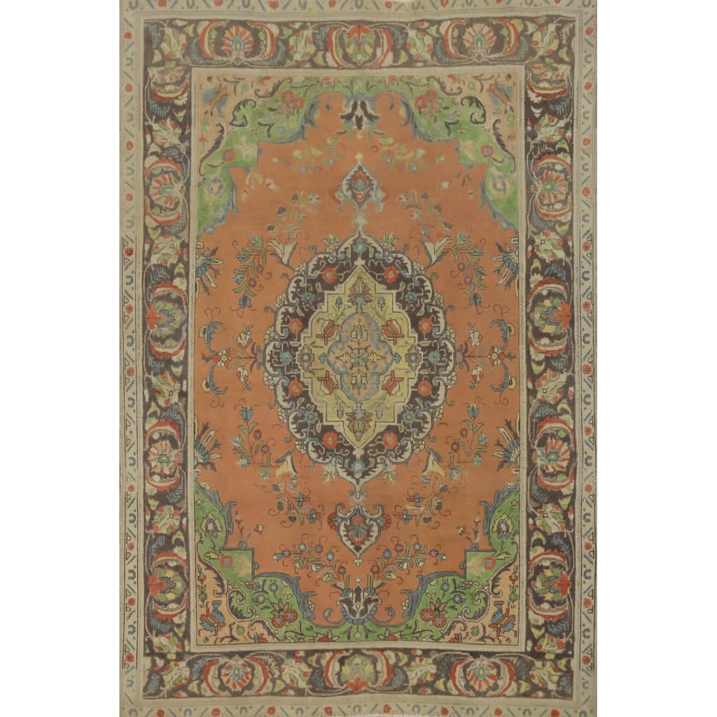 Hand Knotted Oriental 100% Wool Carpet Traditional Floral Oranges & Rust Tabriz Area Rug - 9' 0'' X 6' 5''