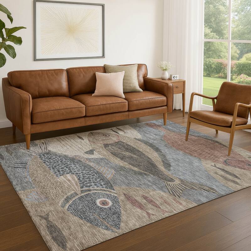 Machine Washable Indoor/ Outdoor Modern Fish Chantille Rug