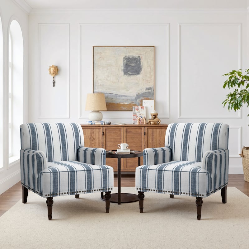 Vintage 29" W Patterned Striped Accent Chairs - Set of 2 - Dark Blue Stripe
