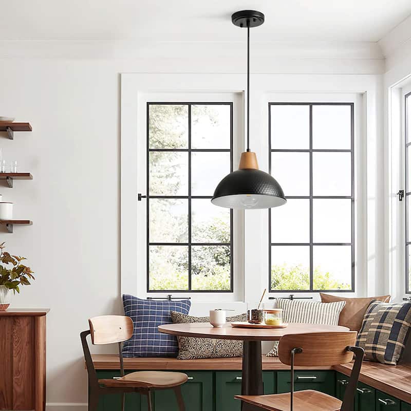 Industrial Farmhouse Pendant Light Fixture with Metal Shade and Faux Wood Grain Design