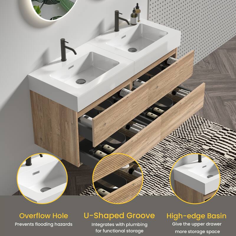 GDFStudio - Grace Wall-Mounted Bathroom Vanity with Engineered Quartz Sink & Soft Close Drawers, without Drainage and Faucet