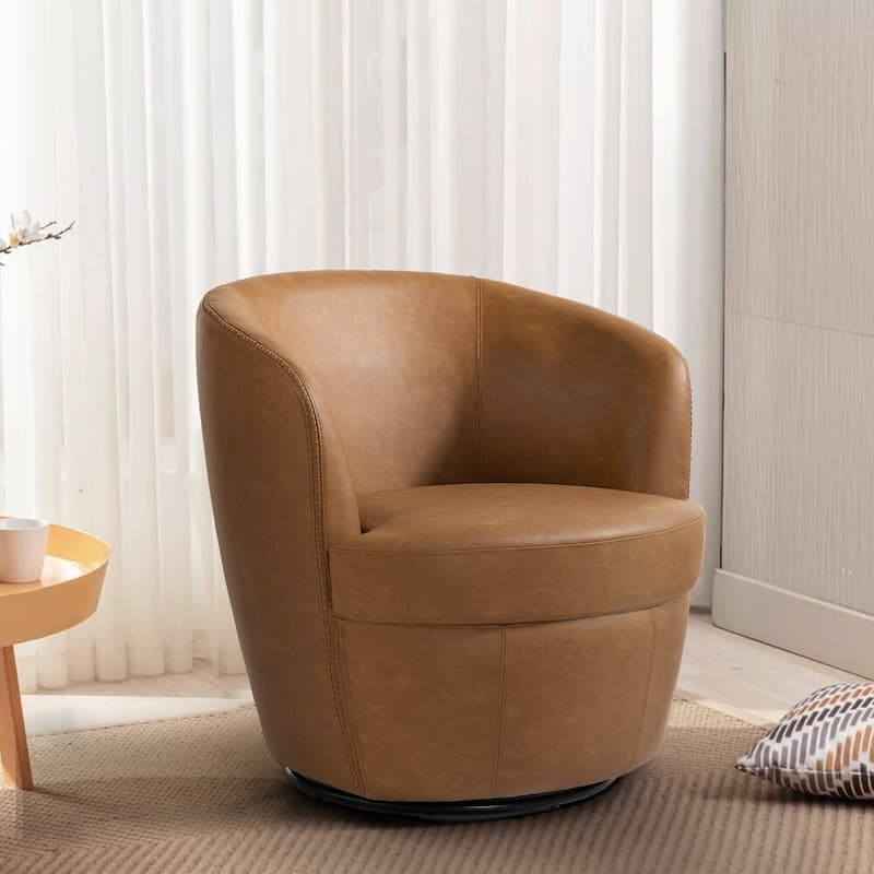 Swivel Barrel Chair For Living Room, Upholstered Faux Leather Accent Chairs - Single - Light Brown