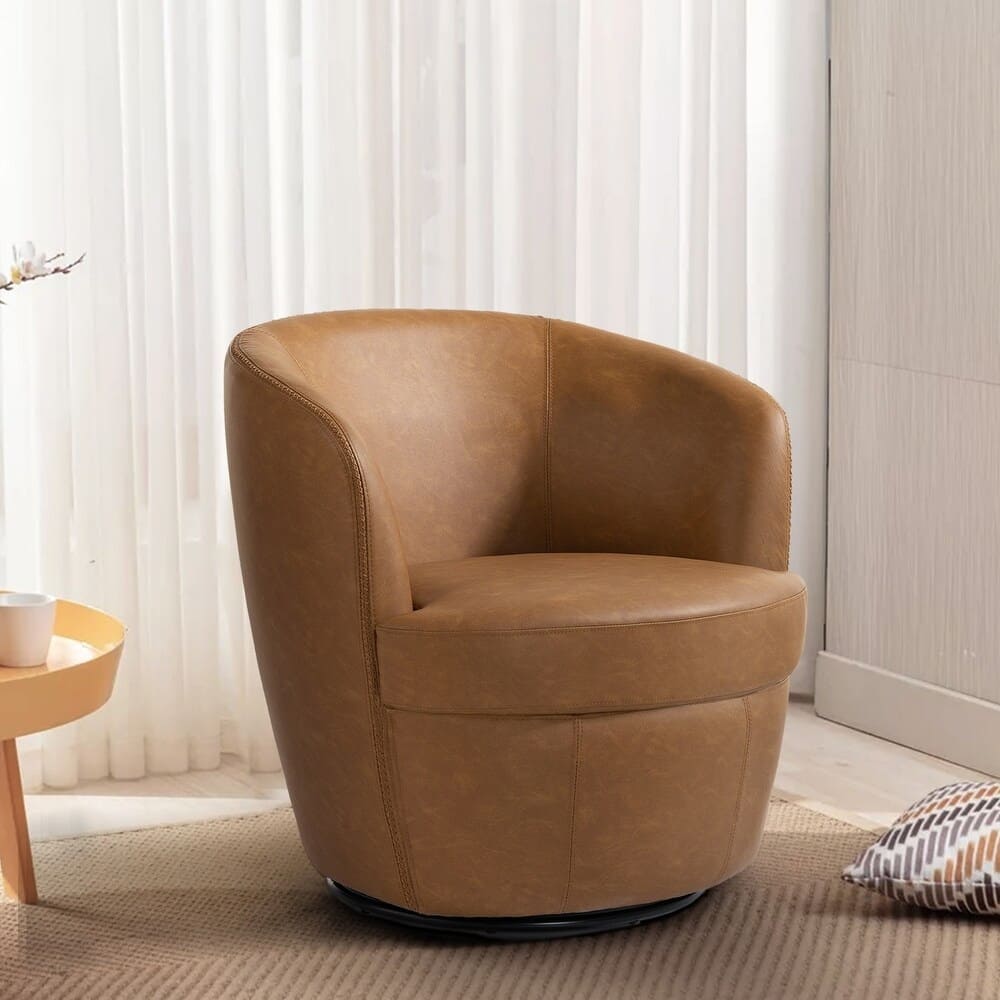 Swivel Barrel Chair For Living Room, Upholstered Faux Leather Accent Chairs