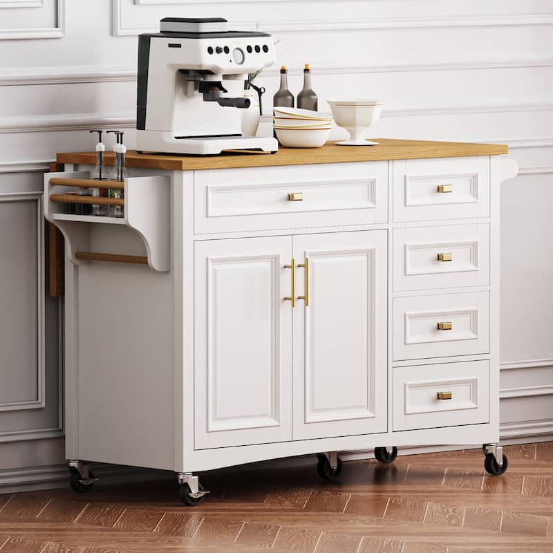 Mobile Kitchen Island with Five Drawers Adjustable Shelf and Spice Rack - White
