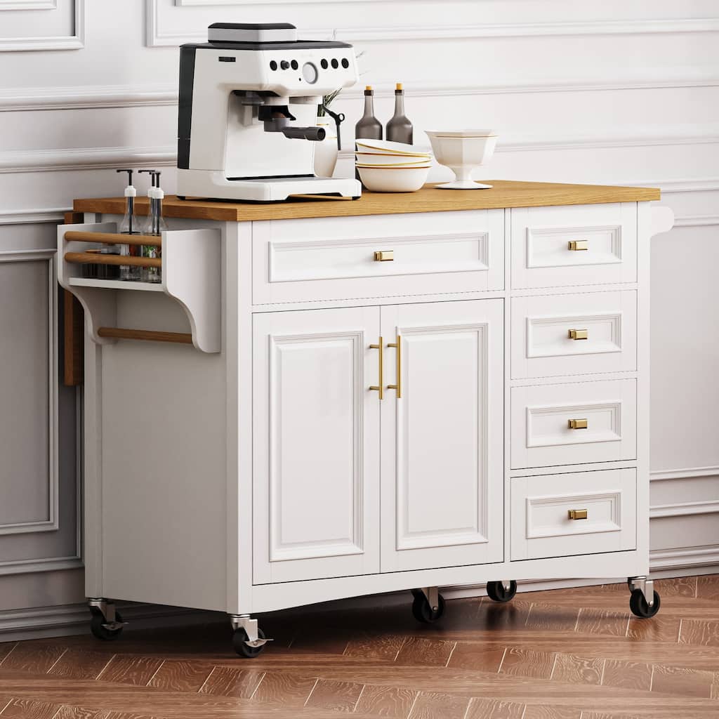 Mobile Kitchen Island with Five Drawers Adjustable Shelf and Spice Rack