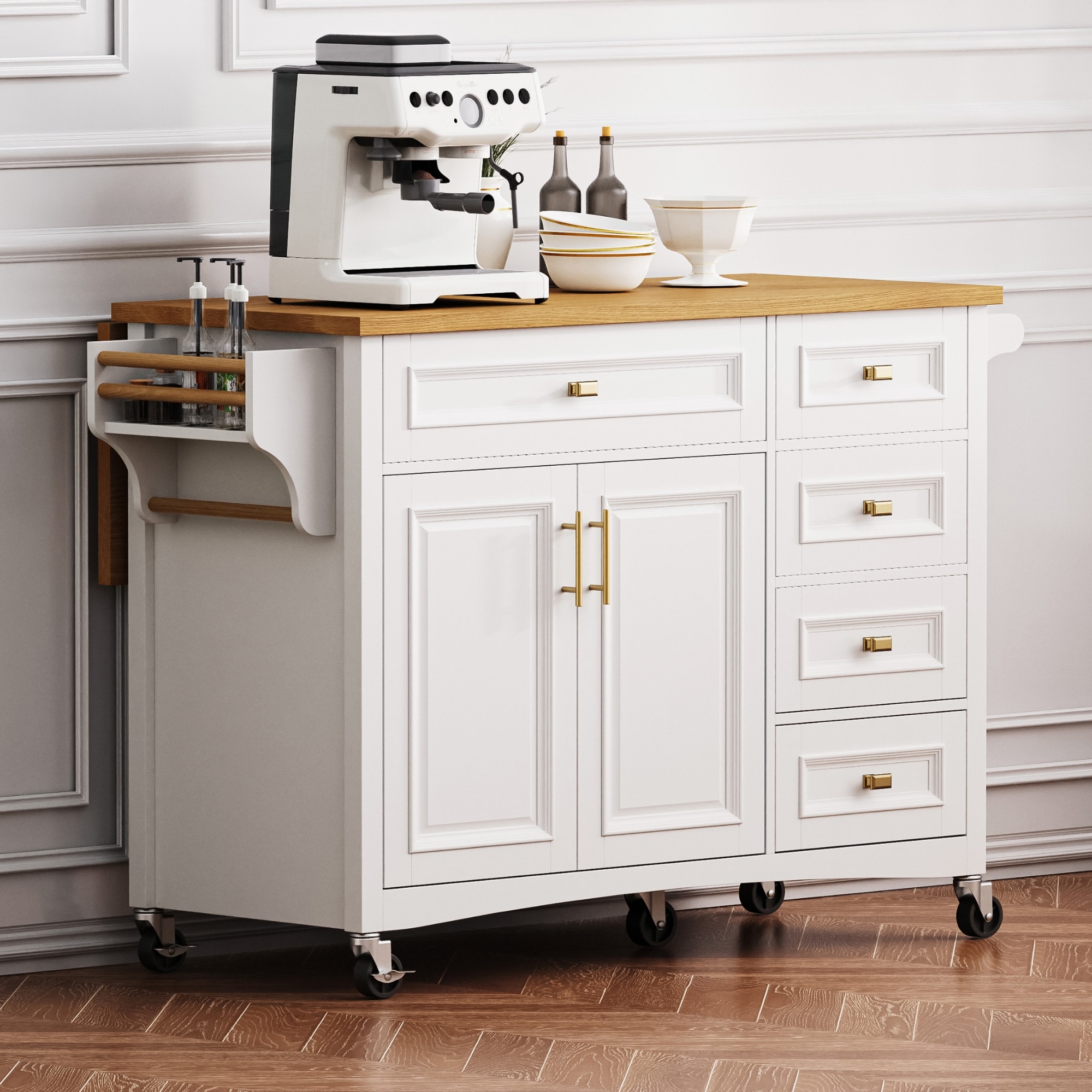 Mobile Kitchen Island with Five Drawers Adjustable Shelf and Spice Rack