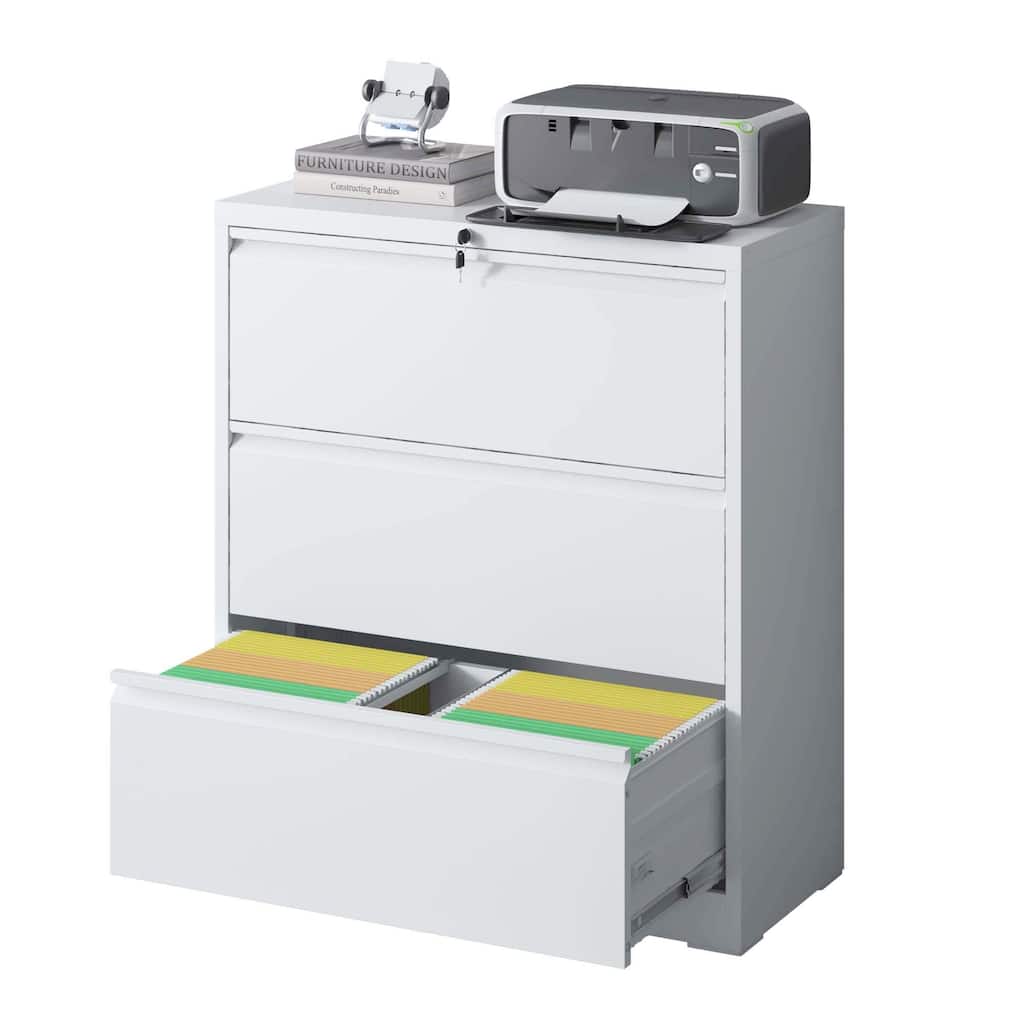 Modern File Cabinet, Lateral File Cabinet Metal File Cabinet with 3 Drawers snd Full Extension Slide, for Home Office, White