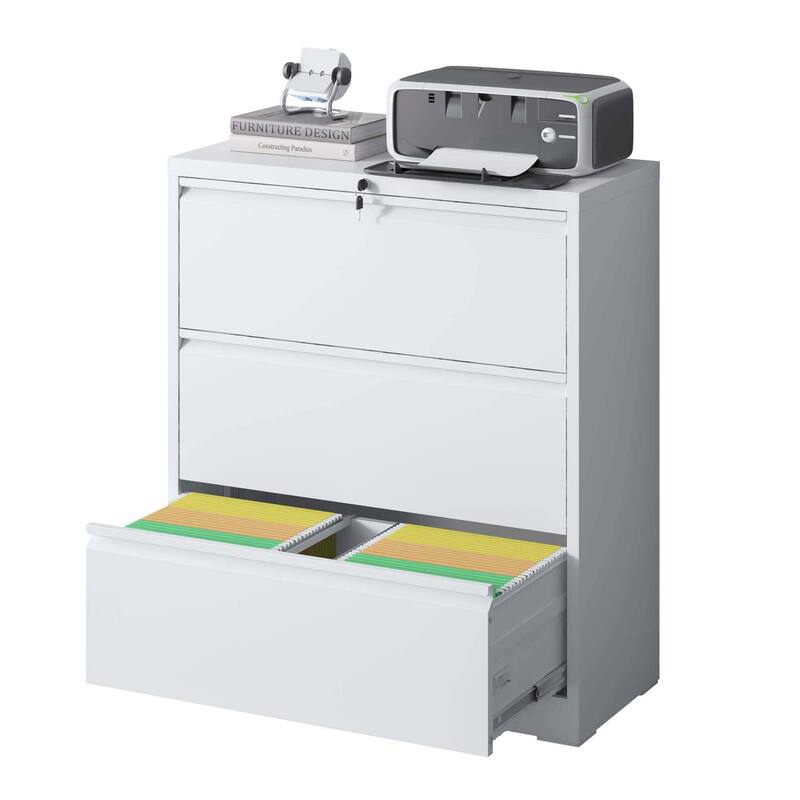 Modern File Cabinet, Lateral File Cabinet Metal File Cabinet with 3 Drawers snd Full Extension Slide, for Home Office, White - White
