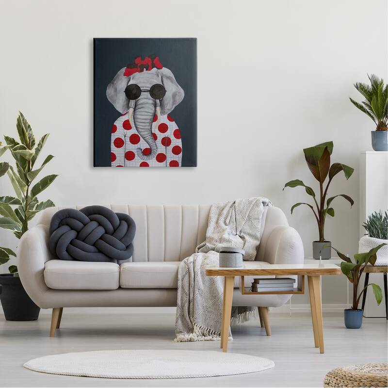 Stupell Fashionable Elephant Sunglasses Bow Polka Dot Pattern Portrait Canvas Wall Art