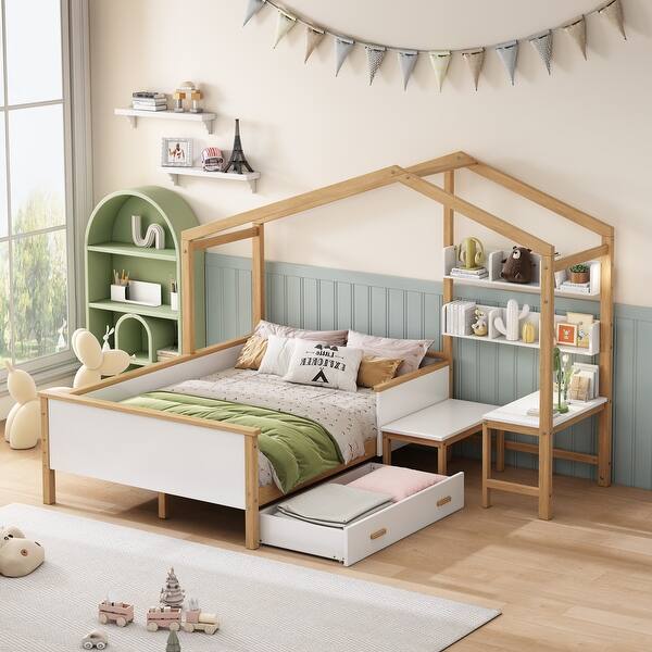 slide 2 of 11, Roomfitters Full Size Wooden House Bed Frame with Trundle, Built-In Desk, and Shelving, Playhouse Platform Bed for Kids White - Full