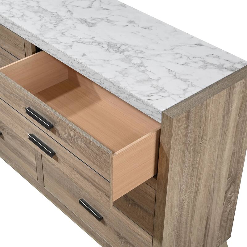 Tily Dresser and Mirror Set, 6 Drawers, White Faux Stone Top, Brown