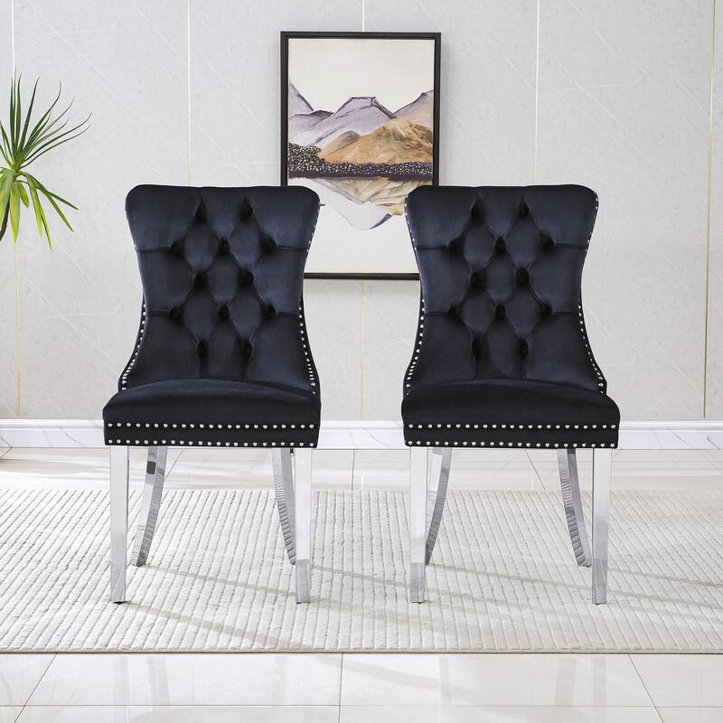Stylish Black Velvet Dining Chairs with Silver Mirrored Finish Legs - Set of 2, 19.7"L x 24"D x 36.2"H, Chic Dining Room