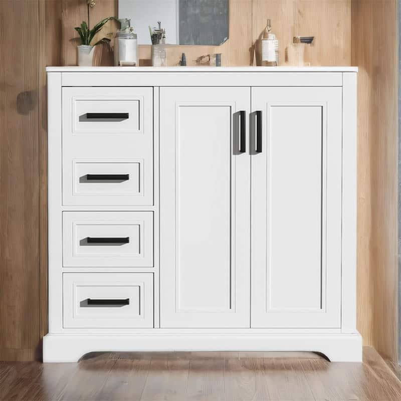 36" Bathroom Vanity w/ Ceramic Sink, Soft-Close Door, Shelf, 3 Drawers