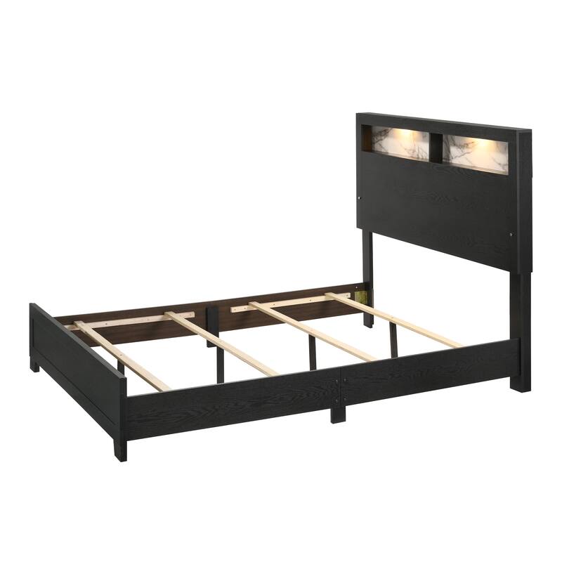 Queen Size Panel Bed Headboard with LED, Sleek Design, Black Finish, Extra Storage Space