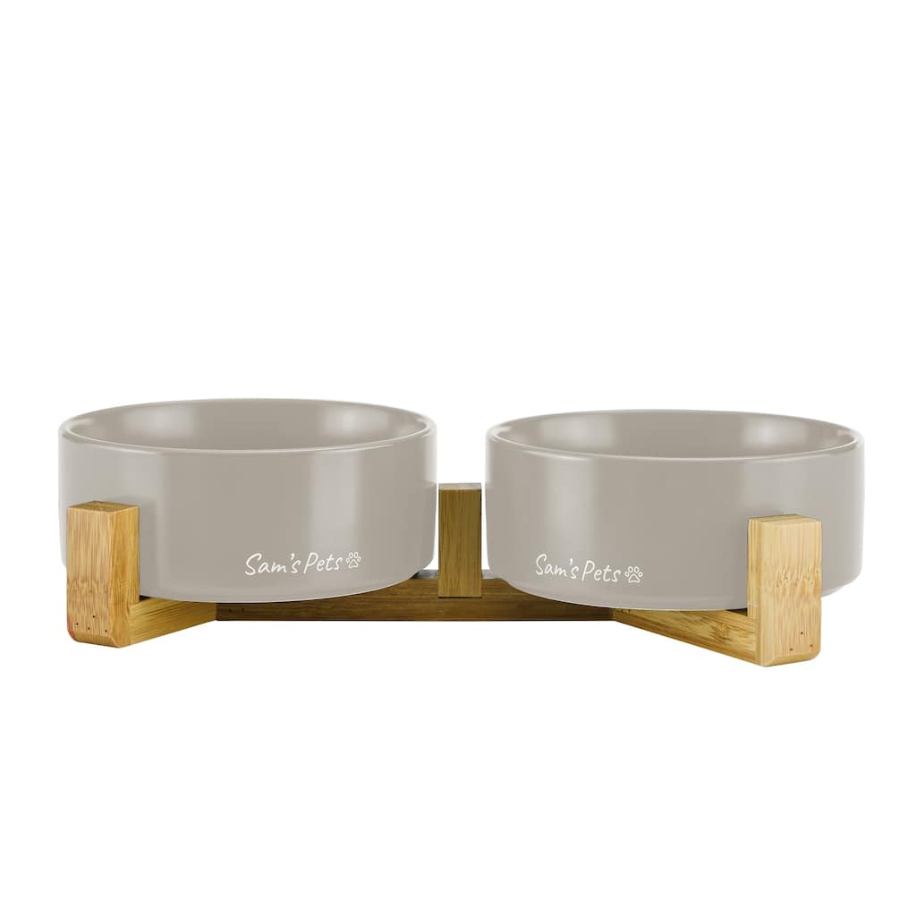 Coco Dual Pet Bowl with Wood Stand 5.11'' in Gray - 10.8